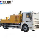 Truck-mounted concrete line pump on site