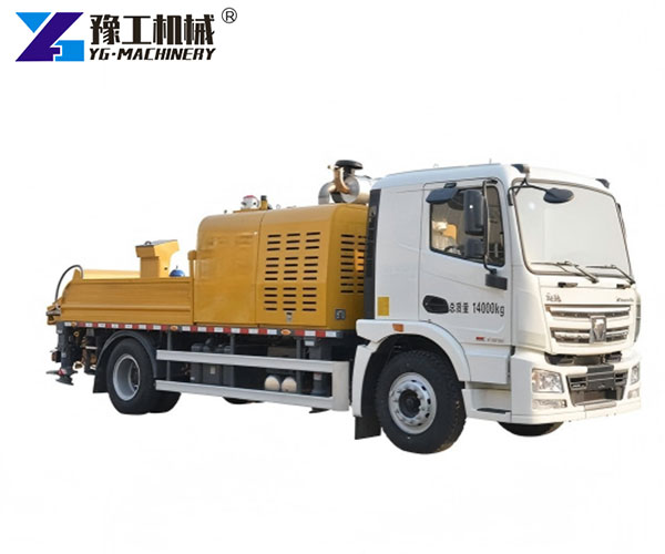 Truck-mounted concrete line pump on site