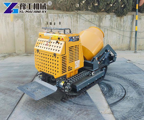 Self-loading concrete mixer on the job site